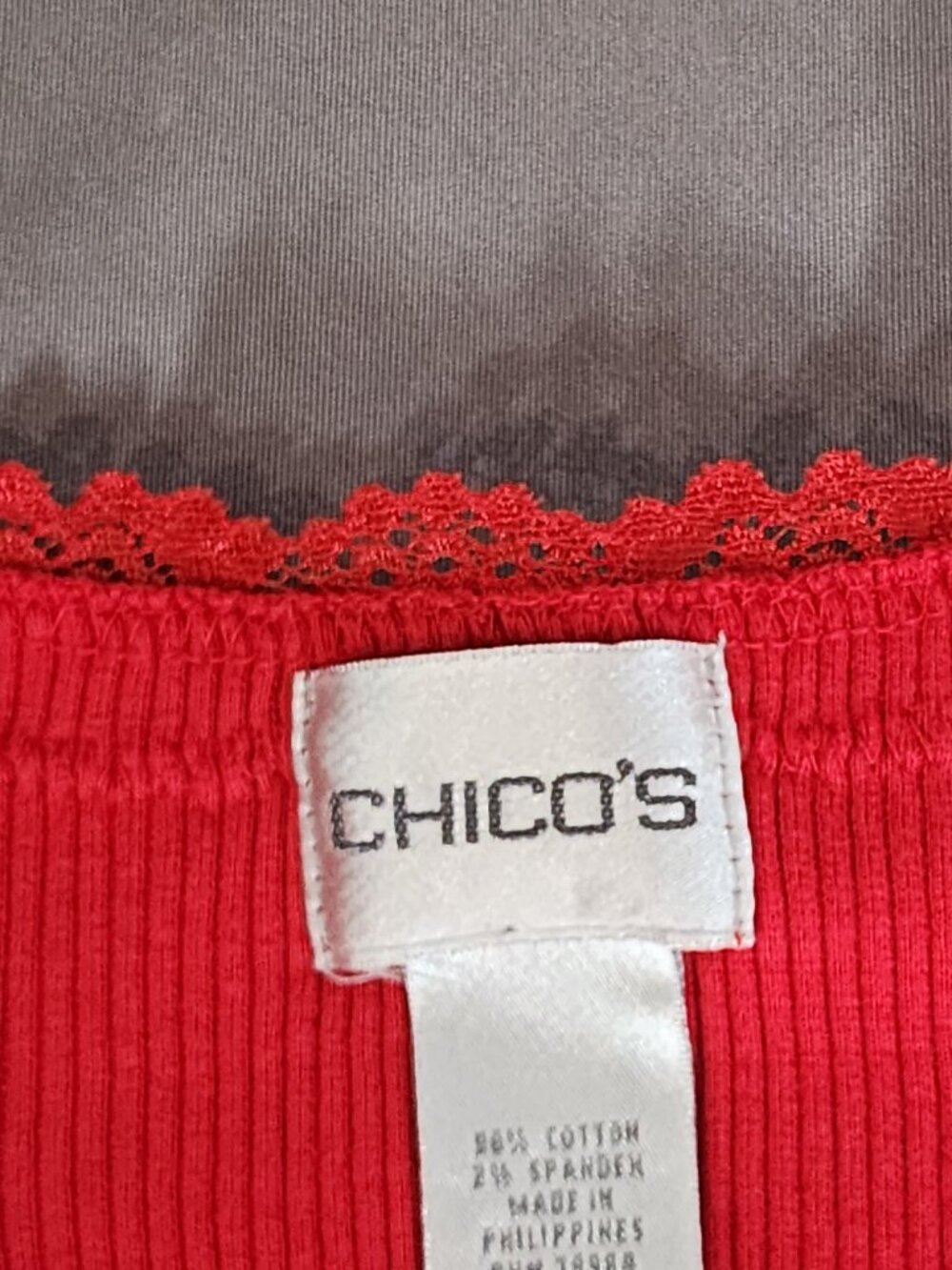 Chico's Red Ribbed Cotton Span Lace Neckline Straps Tank Top Chico Sz 3 US XL 16 - Picture 14 of 16